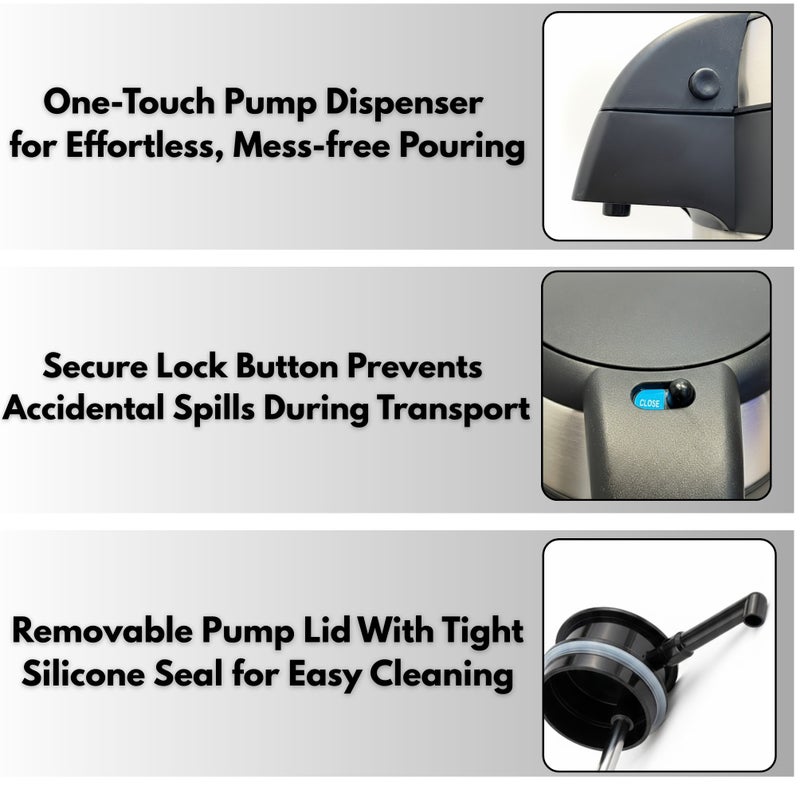 جليز ترمس حراري من الفولاذ المقاوم للصدأ سعة 2.5 لتر، موزع للقهوة والشاي - يحافظ على المشروبات ساخنة وباردة لمدة 24 ساعة - مزود بمضخة لتوزيع المشروبات - معزول بتفريغ الهواء مع مقبض حمل - فضي وأسود - Image 5